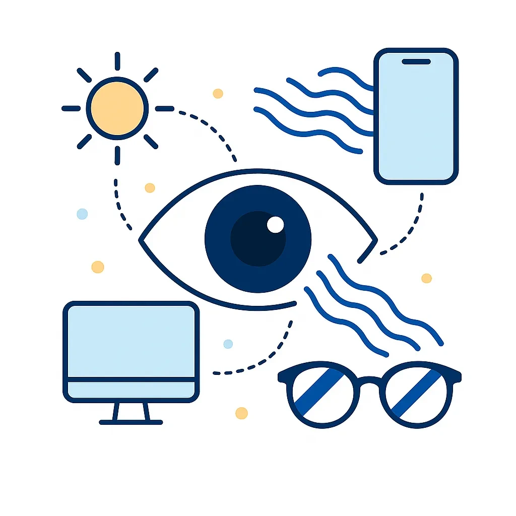 Illustration of an eye with digital devices and sun emitting blue light waves connected by dotted lines and the LensDirect logo.