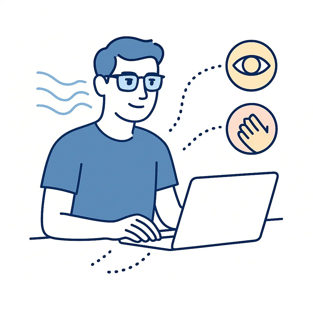 Person at a laptop wearing blue light glasses with icons for comfort and clear vision connected by dotted lines.