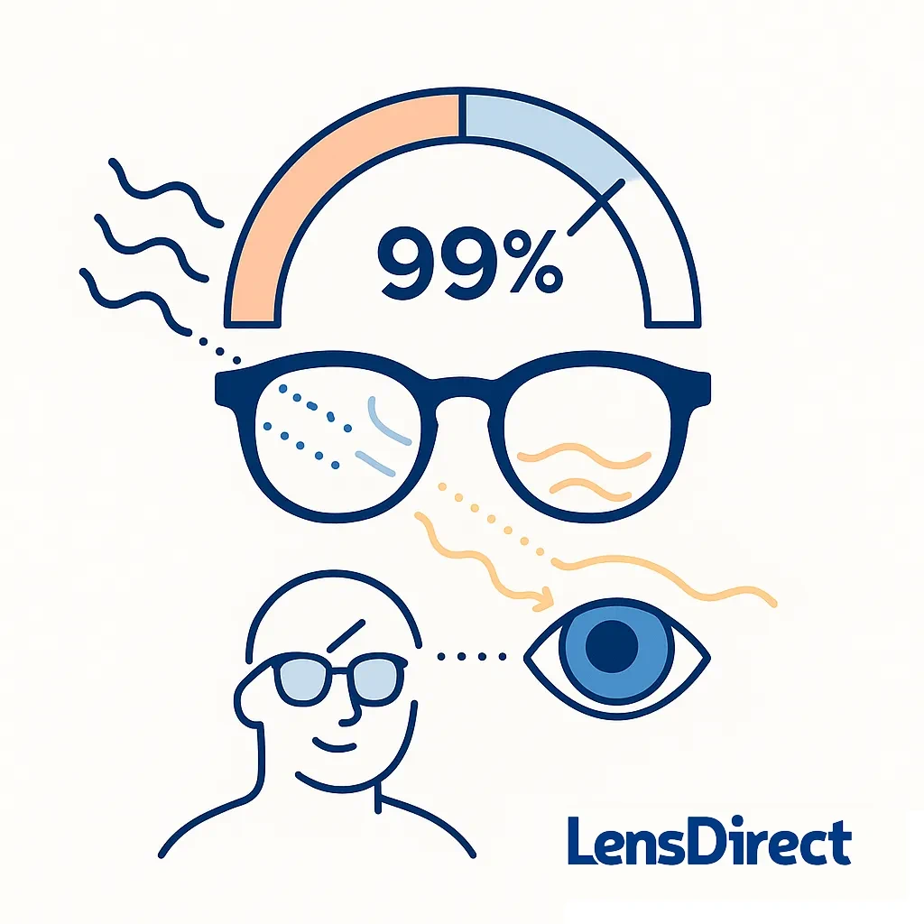 Gauge graphic showing 99 percent blocking above a pair of glasses with wavy lines and an eye icon.