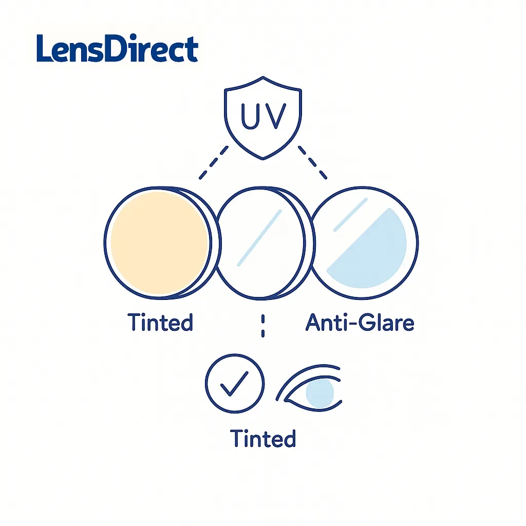 Graphic showing tinted, clear, and anti-glare lenses with UV shield and small icons labeling lens features.