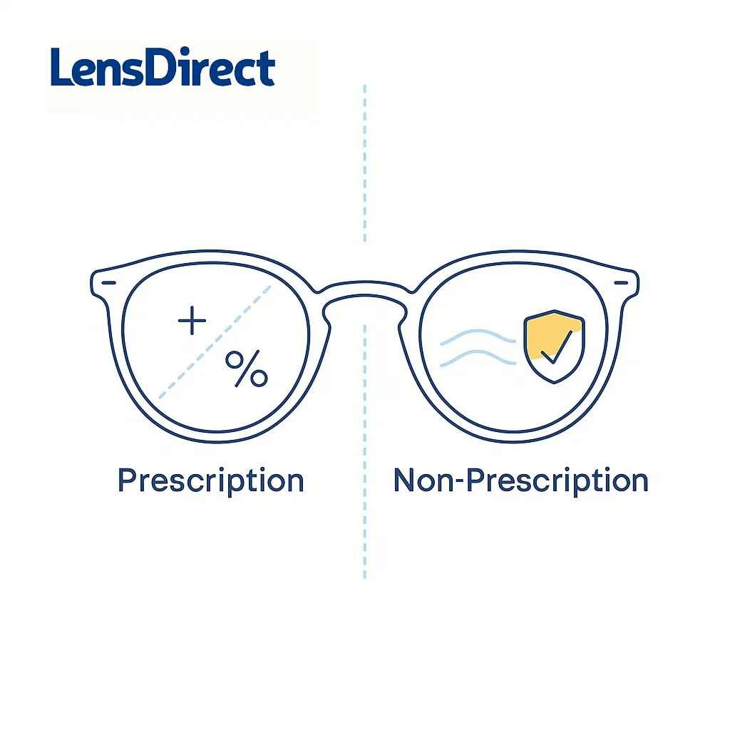 Split glasses illustration comparing prescription lenses with plus signs to non-prescription lenses with a shield icon.
