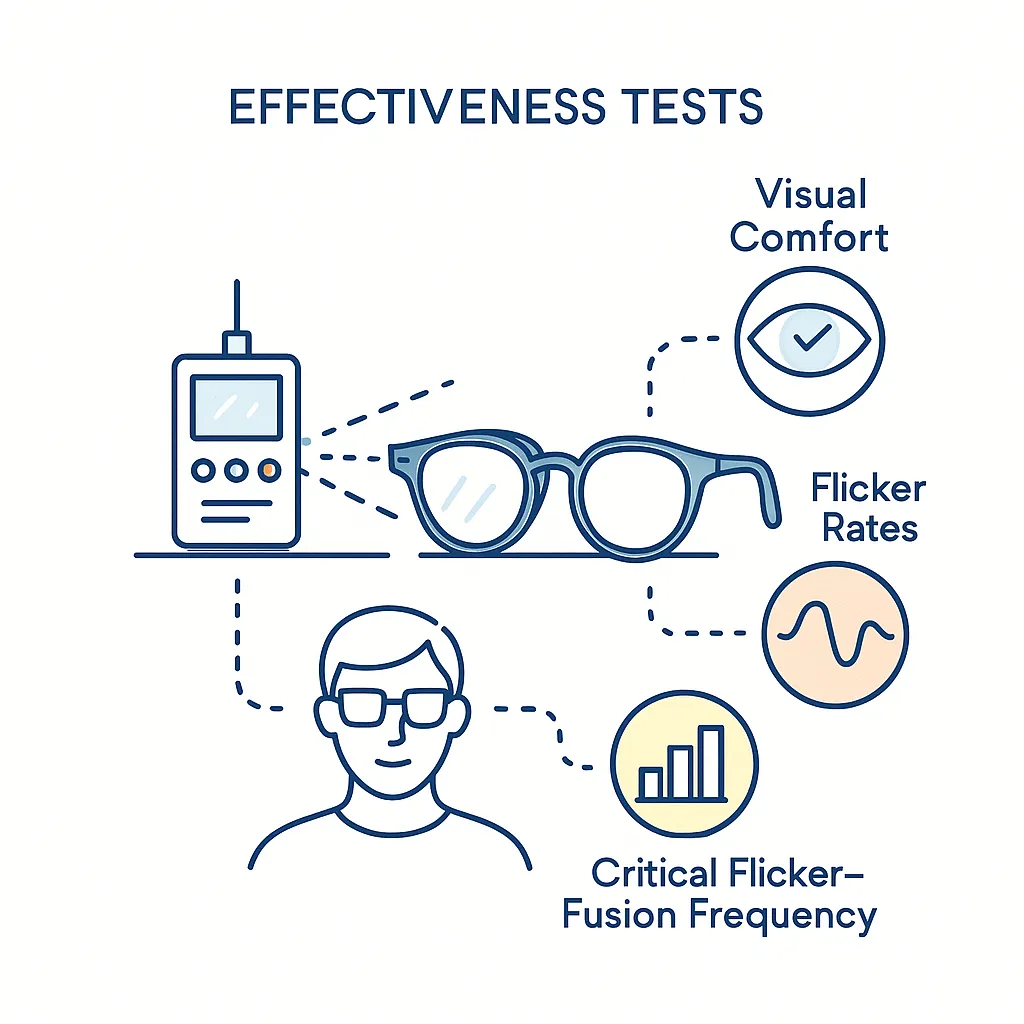 Illustration of a lab device testing glasses with dotted lines to icons for visual comfort, flicker rates, and critical flicker-fusion frequency.