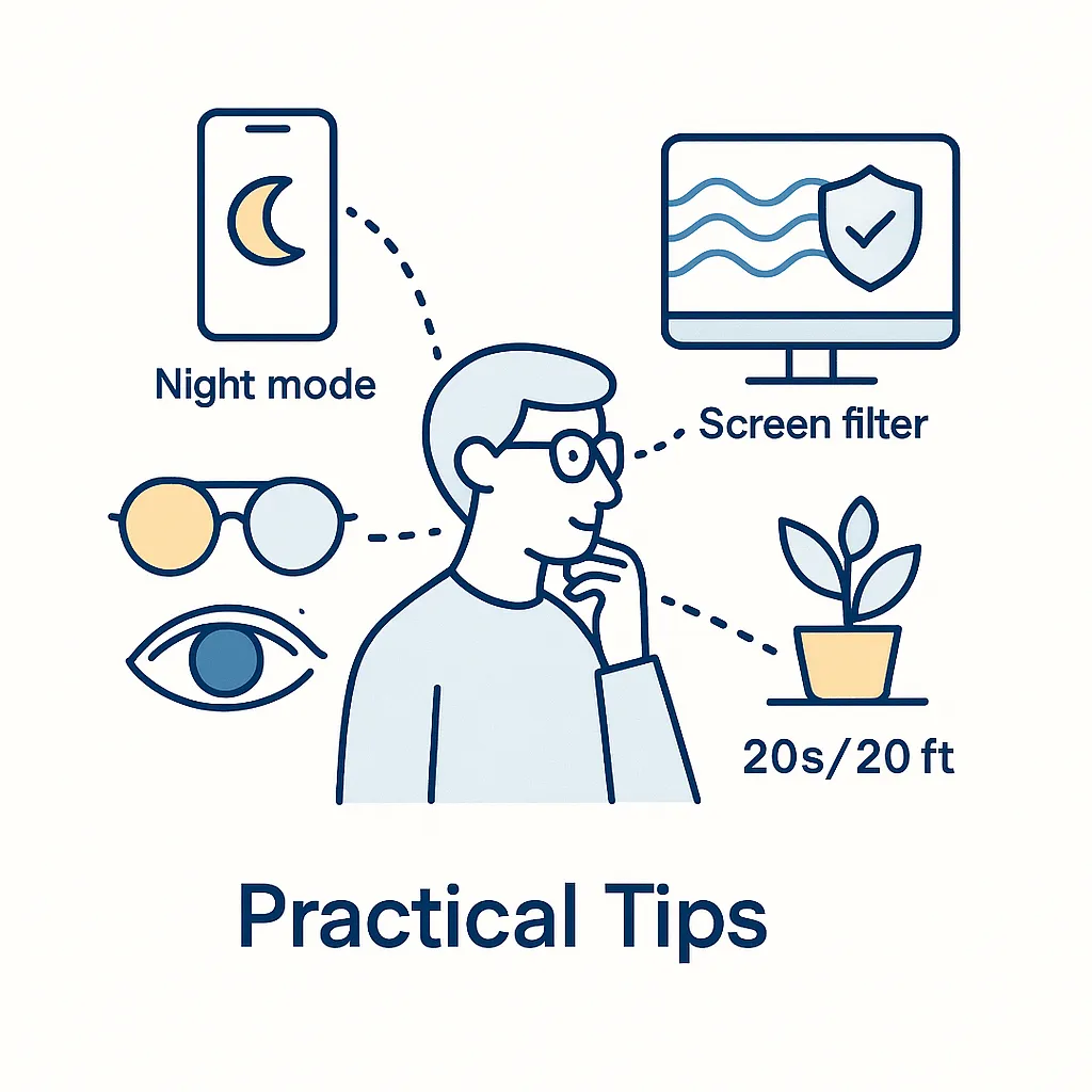Graphic showing night mode, screen filter, and the 20-20-20 rule connected to a thoughtful person.