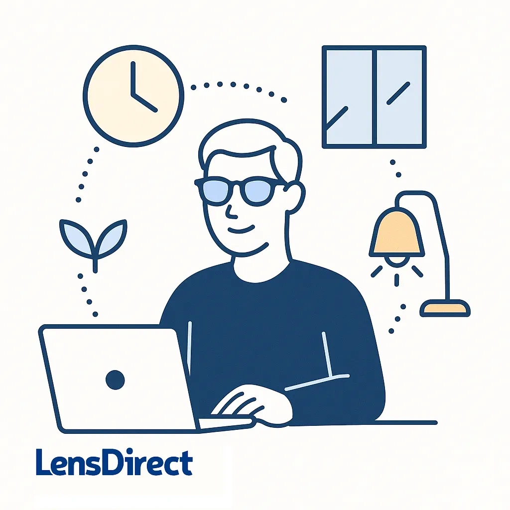 Minimalist scene of a person wearing glasses at a desk with icons of clock, window, lamp, and plant connected by dotted lines.