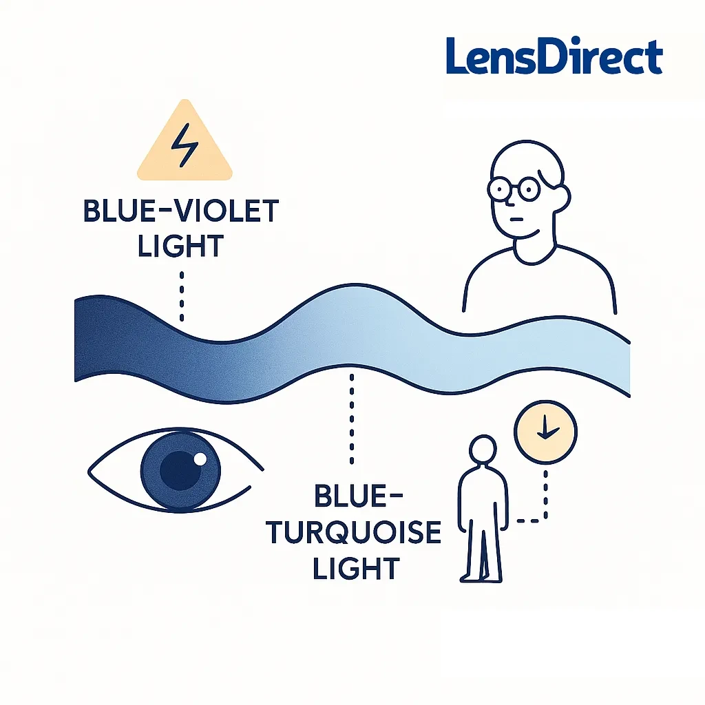 Infographic showing a wavy spectrum with harmful blue‑violet and beneficial blue‑turquoise sections connected to a human figure and clock.
