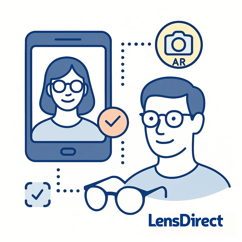 Illustration of a smartphone showing a face wearing glasses with AR icon connected to a person and glasses.