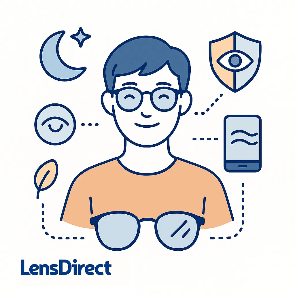 Central figure smiling while surrounded by icons for better sleep, relaxed eyes, eye protection, and smartphone emitting soft waves.
