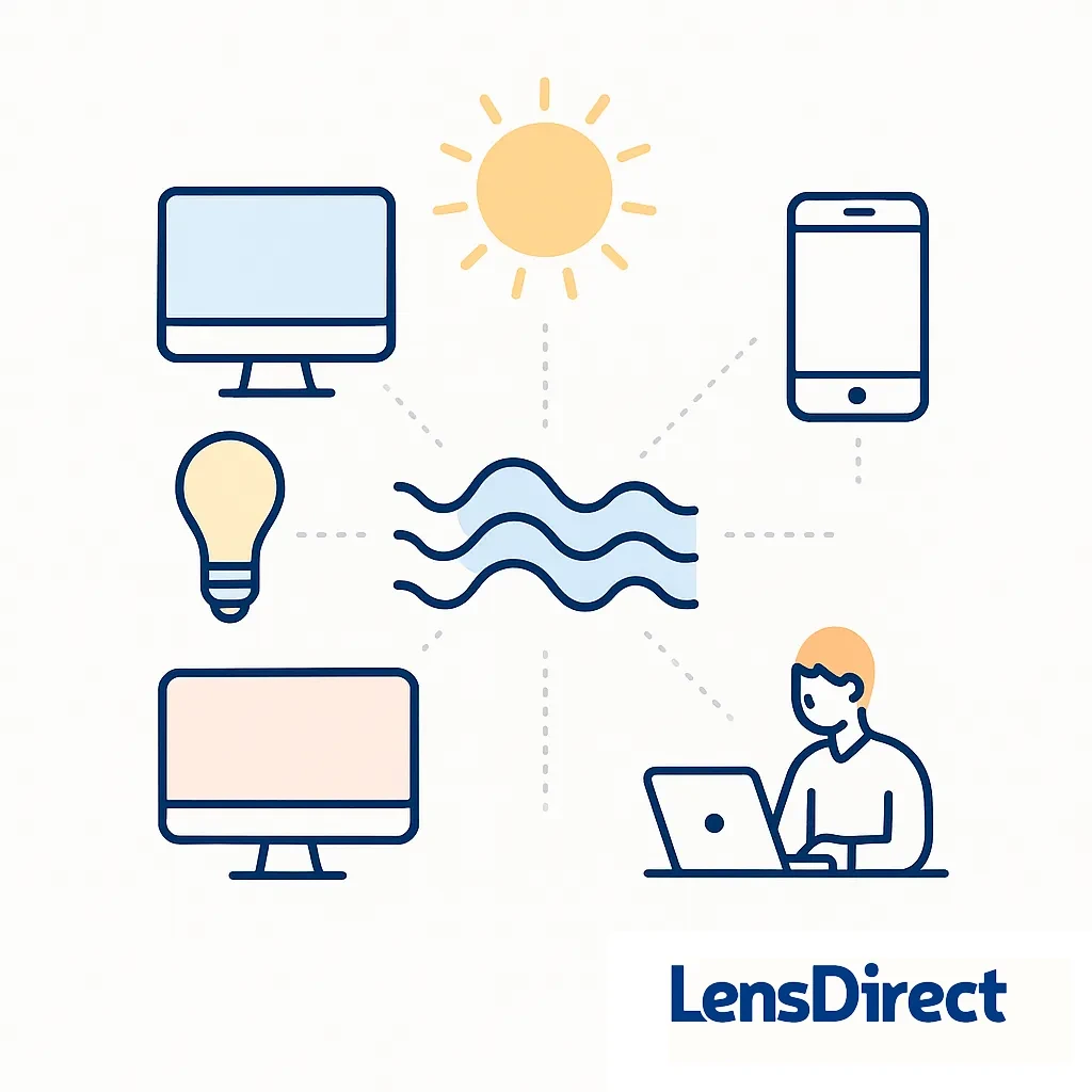Line art showing a computer, light bulb, phone, and sun emitting blue light waves converging at the center.
