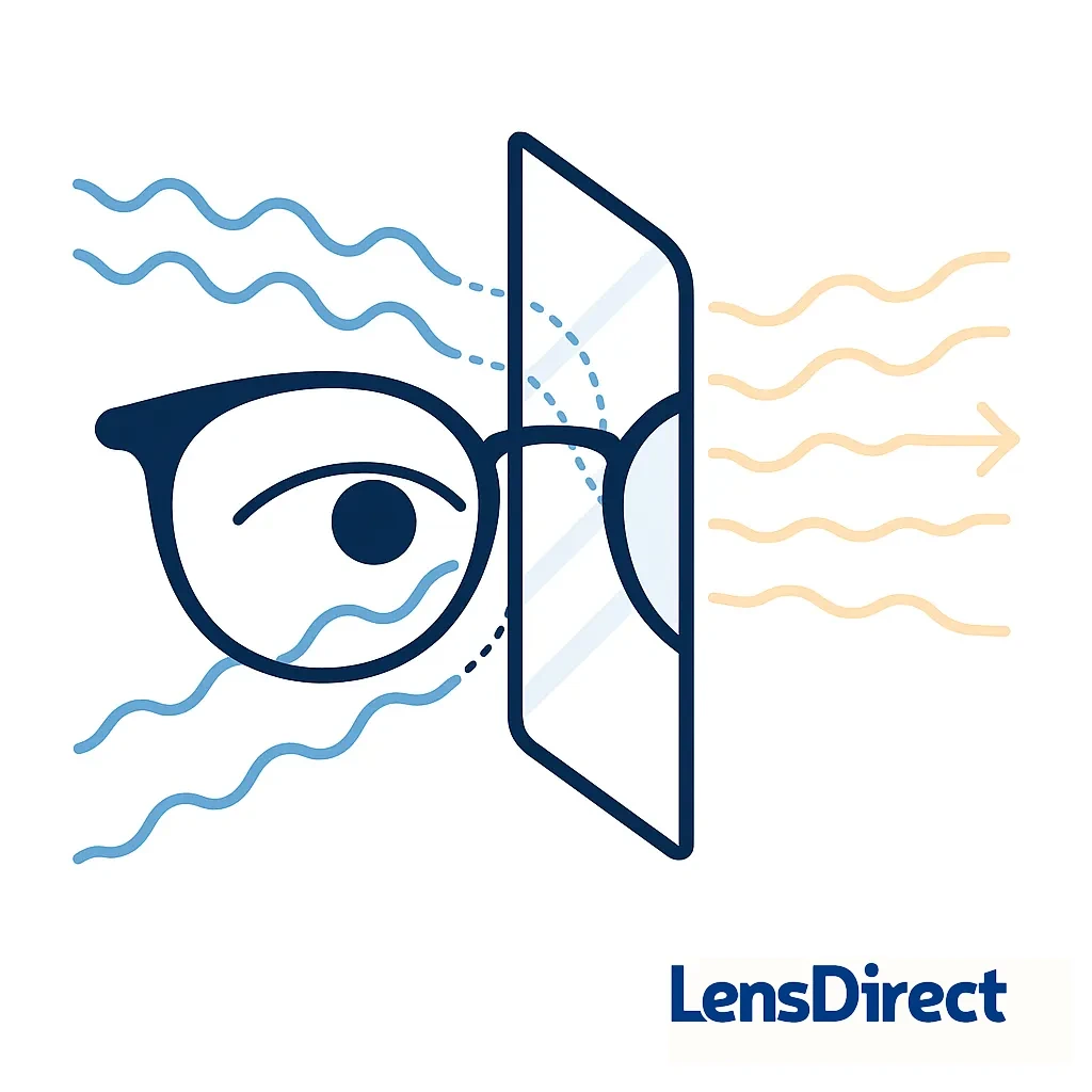 Illustration of glasses lens blocking blue-violet rays on one side and softening light on the other side.