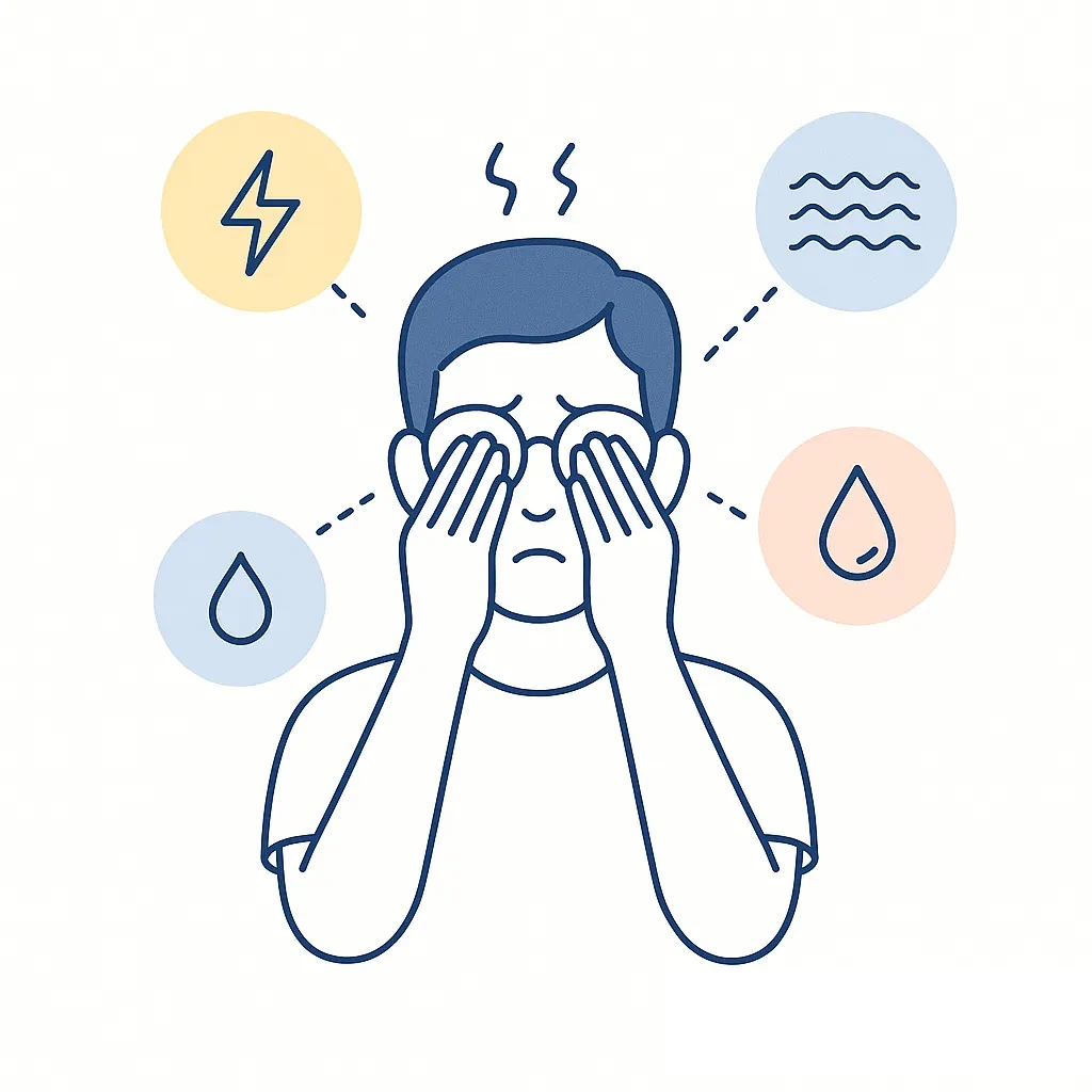 Illustration of a person rubbing eyes surrounded by icons for headache, dry eyes, and blurred vision linked with dotted lines.