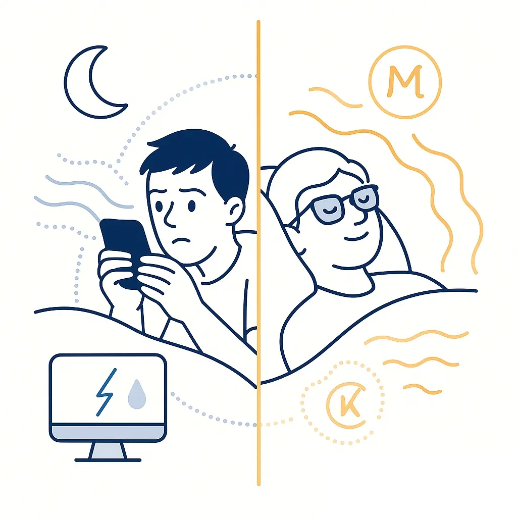 Split scene showing a sleepless person using a phone with blue light and a peaceful sleeper wearing blue light glasses.