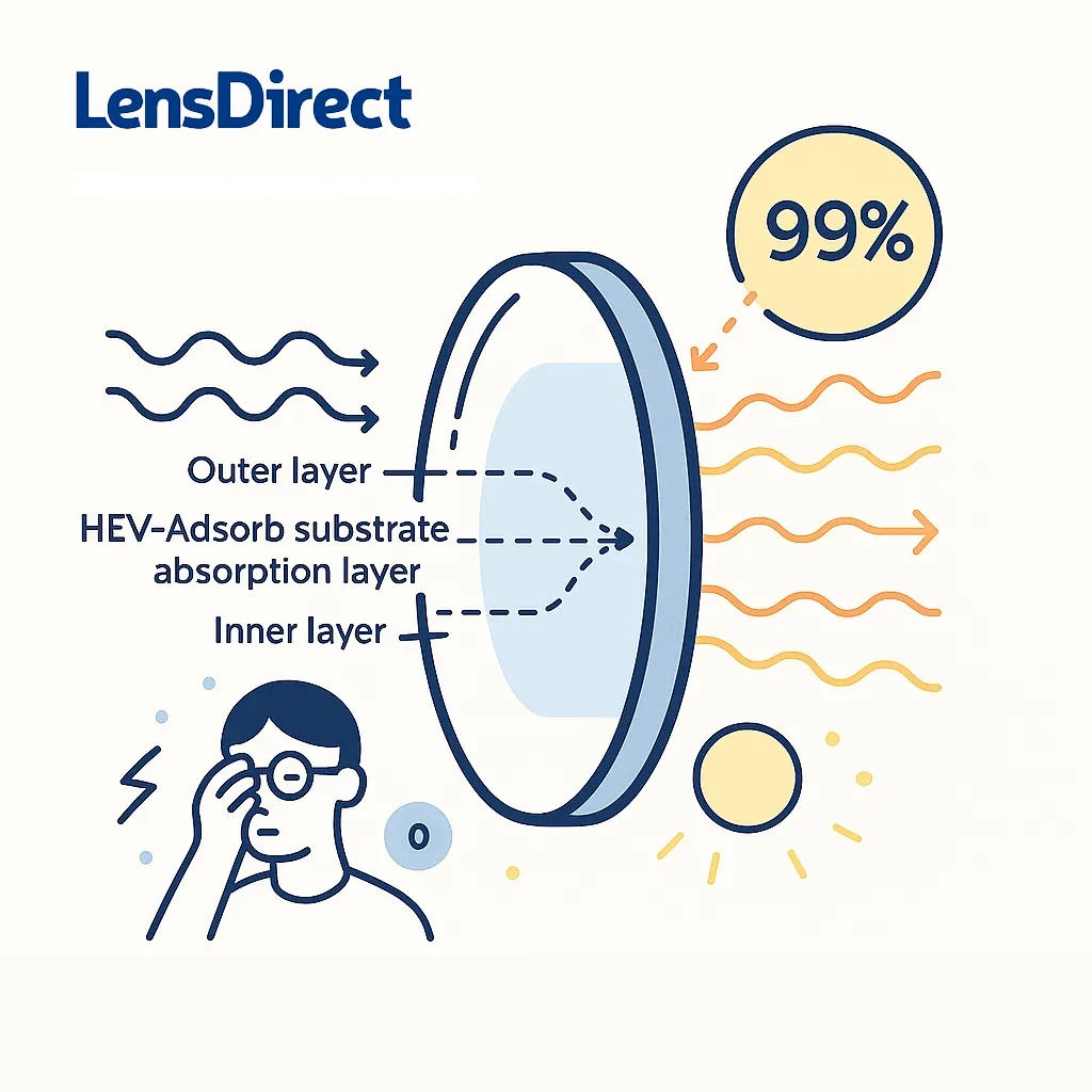 Diagram of a lens cross section with layers filtering blue light and a 99 percent badge indicating high blocking capacity.