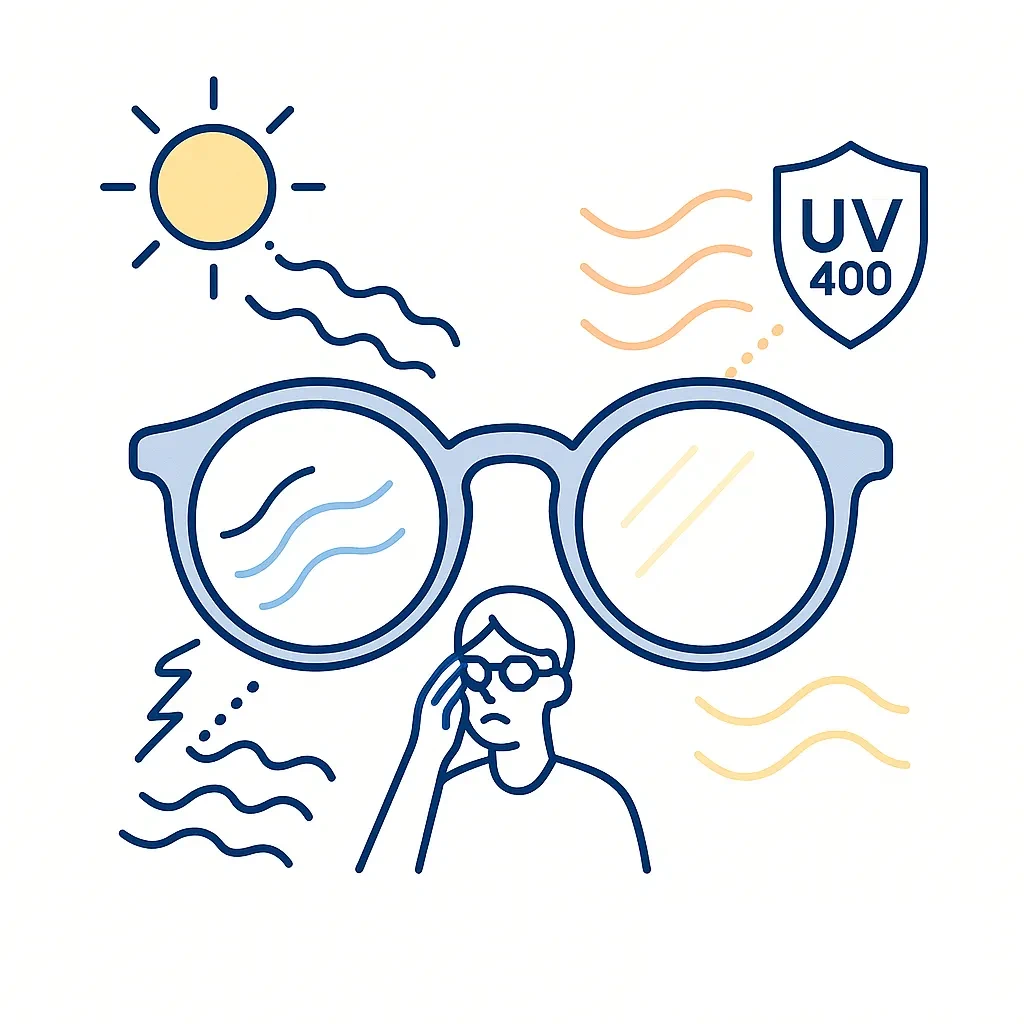 Illustration of glasses blocking harsh rays from the sun with a UV400 shield icon and softened light.