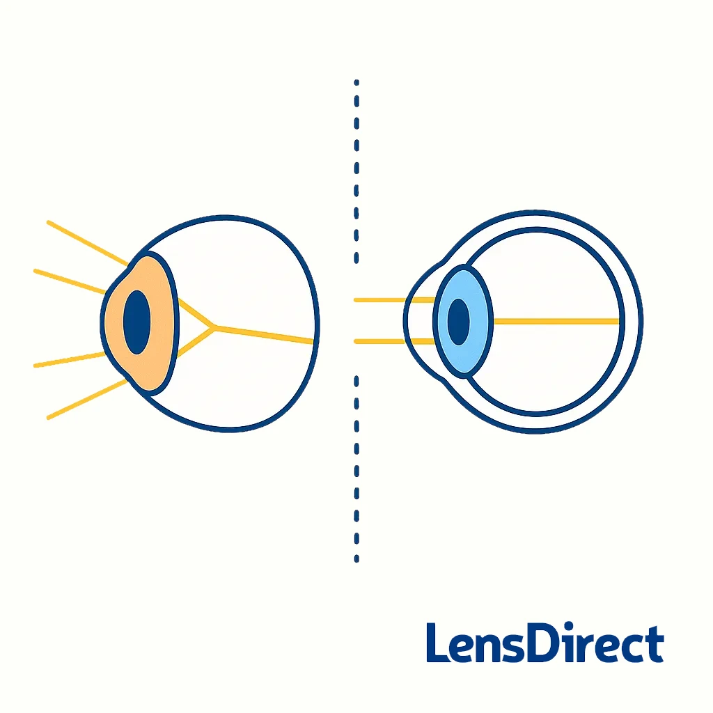 Illustration compares an irregular eye shape causing astigmatism with a spherical eye wearing a toric lens to show how light focuses correctly.
