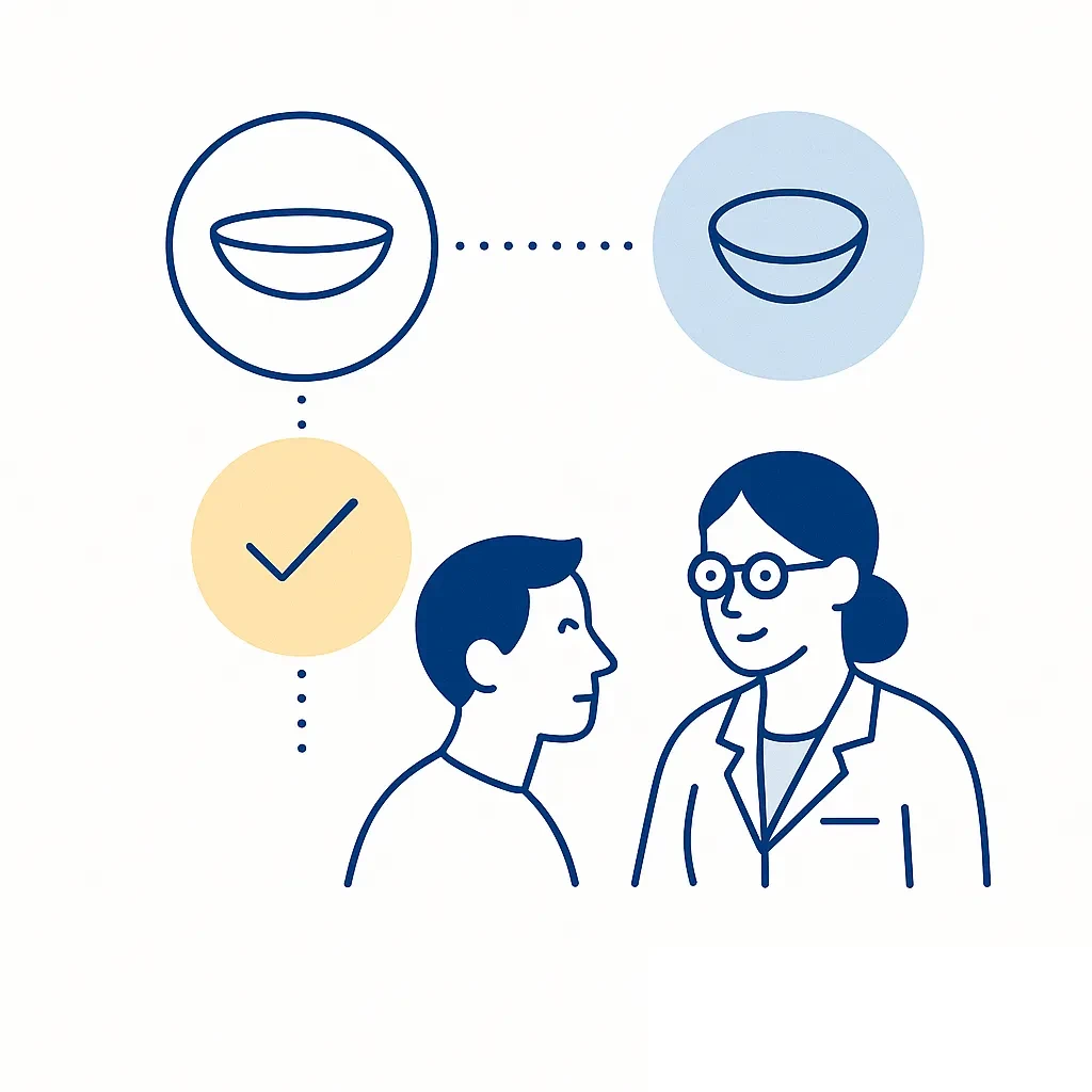 Illustration compares soft toric lenses for mild astigmatism with rigid gas permeable options for severe cases and underscores doctor consultation.