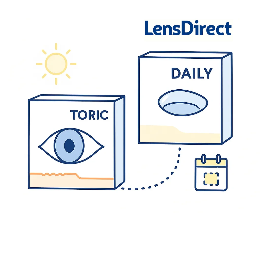 Side-by-side icons contrast the convenience of daily disposable toric lenses with the cost-effectiveness of monthly reusable options.