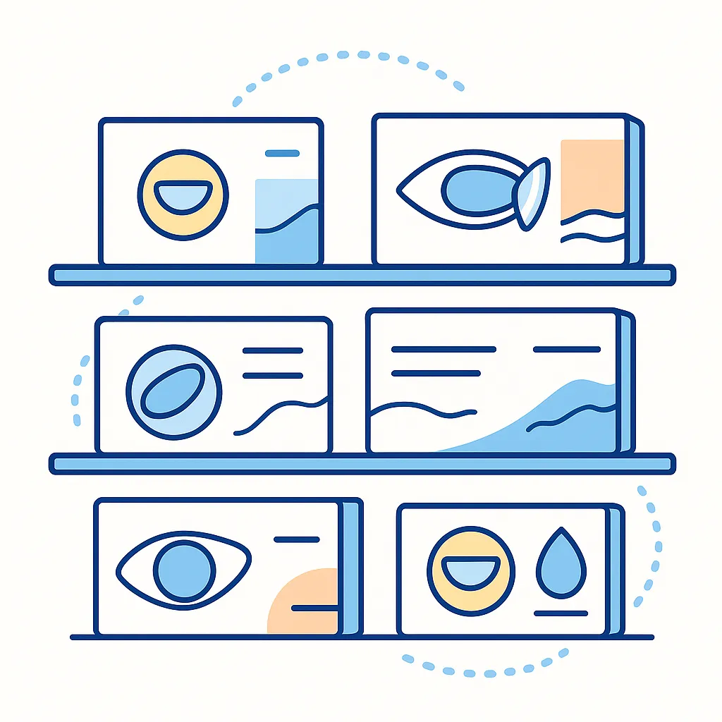 Shelves of diverse toric contact lens packages illustrate the range of options LensDirect offers for different vision needs.