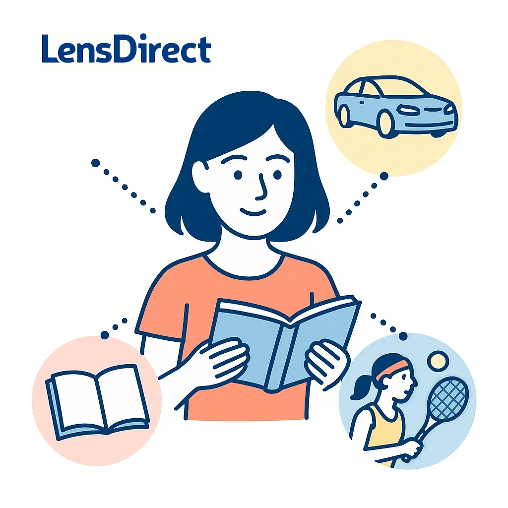 Illustration depicts a person reading, driving and playing sports, showcasing the clear stable vision toric lenses provide during everyday activities.