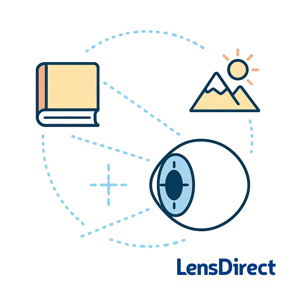 A toric lens helps the eye focus on near objects like a book and distant scenery such as mountains, delivering clarity at every distance.
