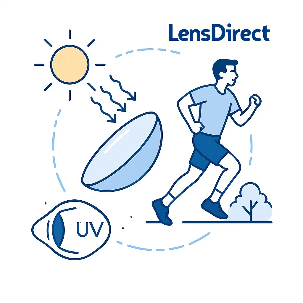 A contact lens with UV filter deflects sun rays while an athlete runs outdoors, highlighting protection and stability for active lifestyles.