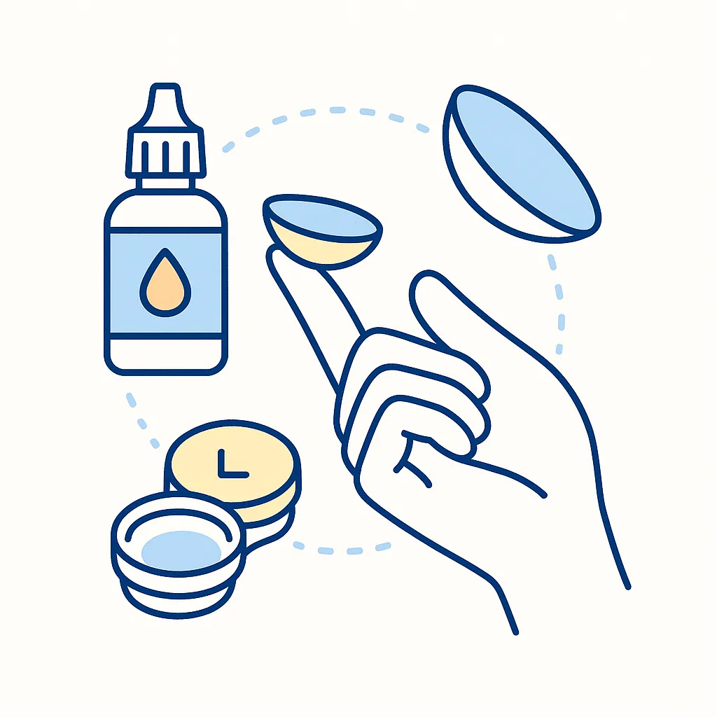 A hand cleans a contact lens with solution and stores it in a case, illustrating proper hygiene for reusable lenses to ensure eye health.