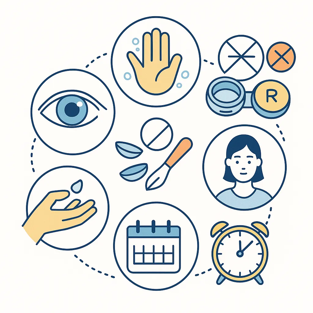 Circular icons advise washing hands, inserting lenses before makeup, not sharing cases, replacing cases, regular eye exams and following wear schedules.