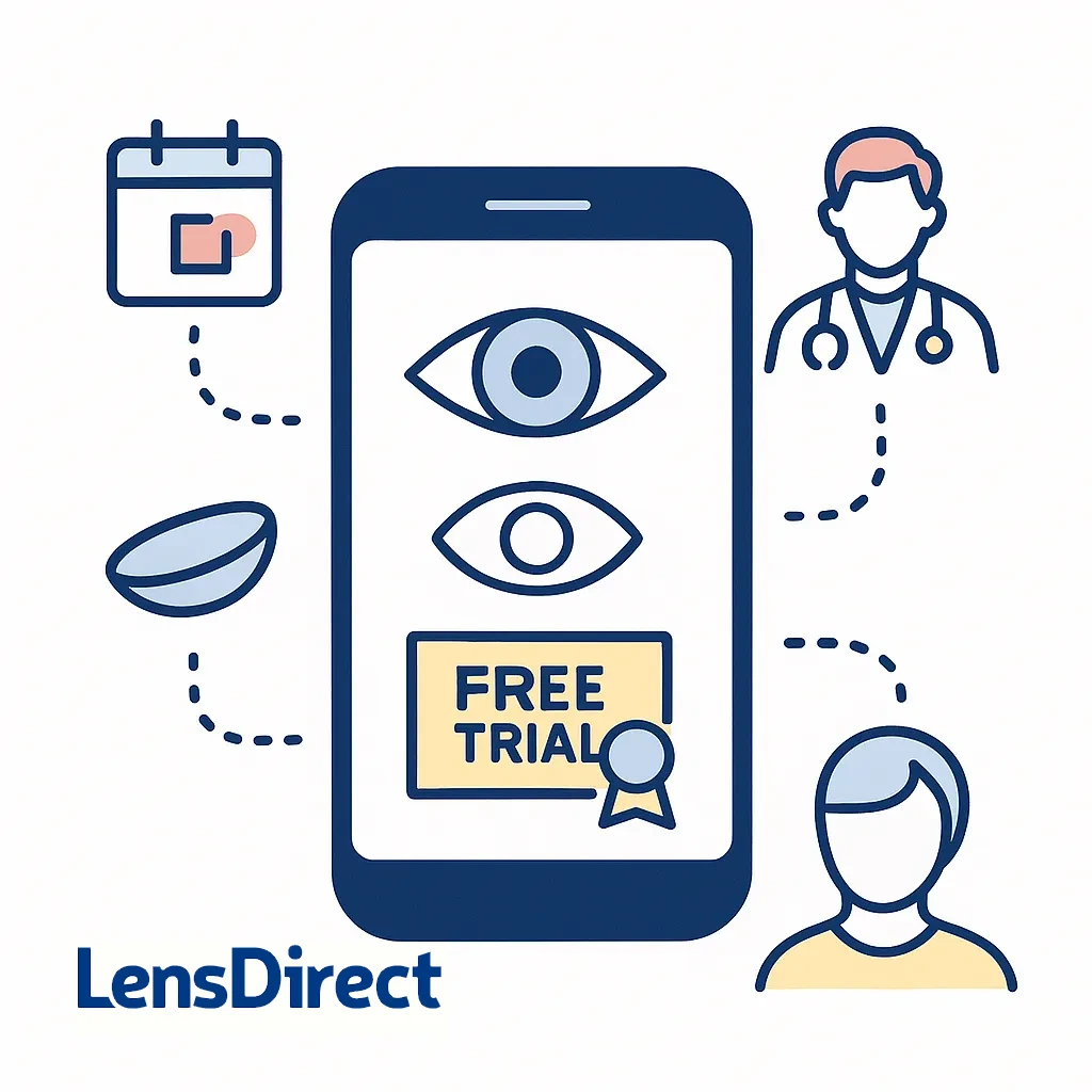 Icons show scheduling an eye exam, measuring pupillary distance via app and obtaining a trial pair, key steps to begin wearing astigmatism contacts.