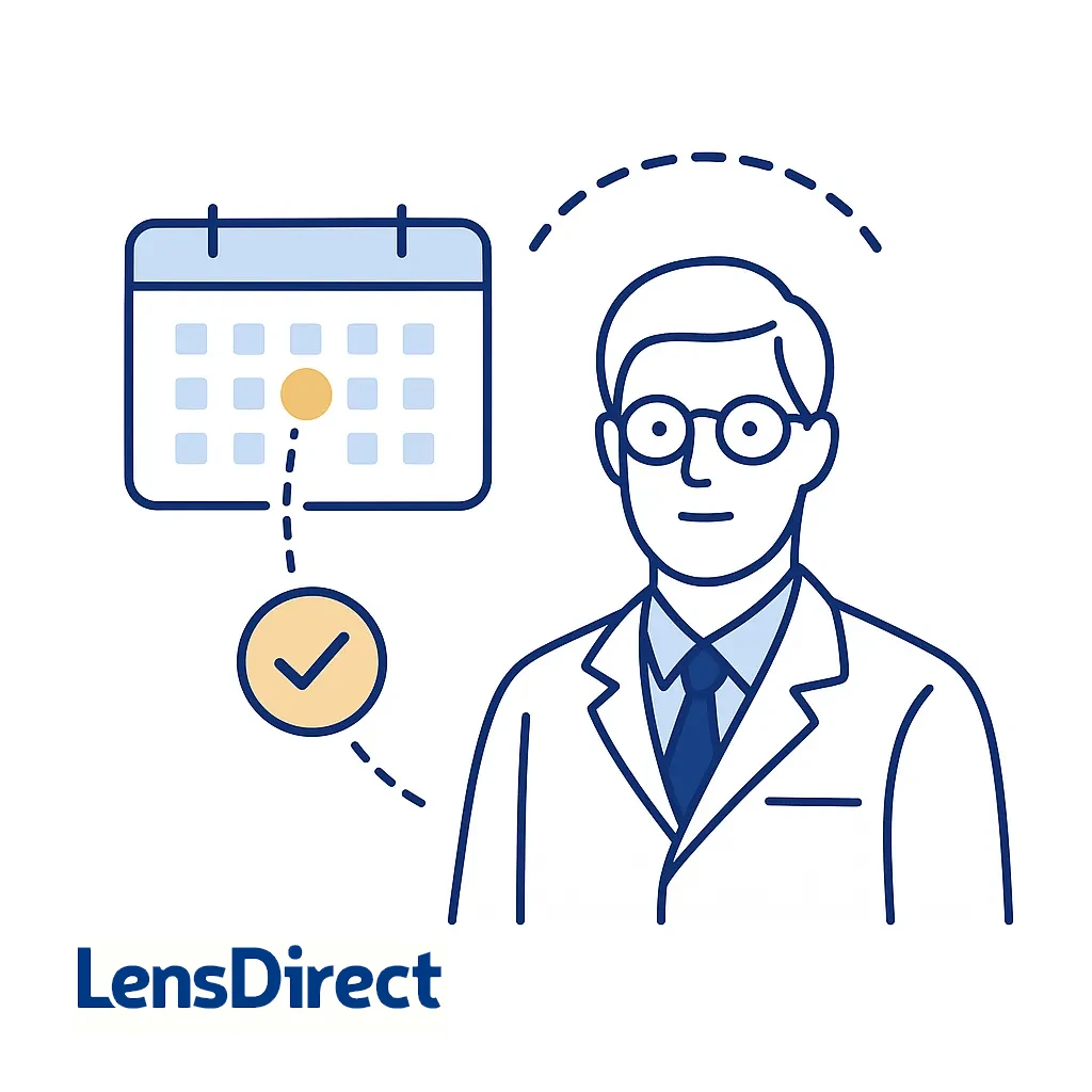 A calendar with a circled date and a doctor icon underscores the importance of scheduling a comprehensive eye exam to diagnose astigmatism.