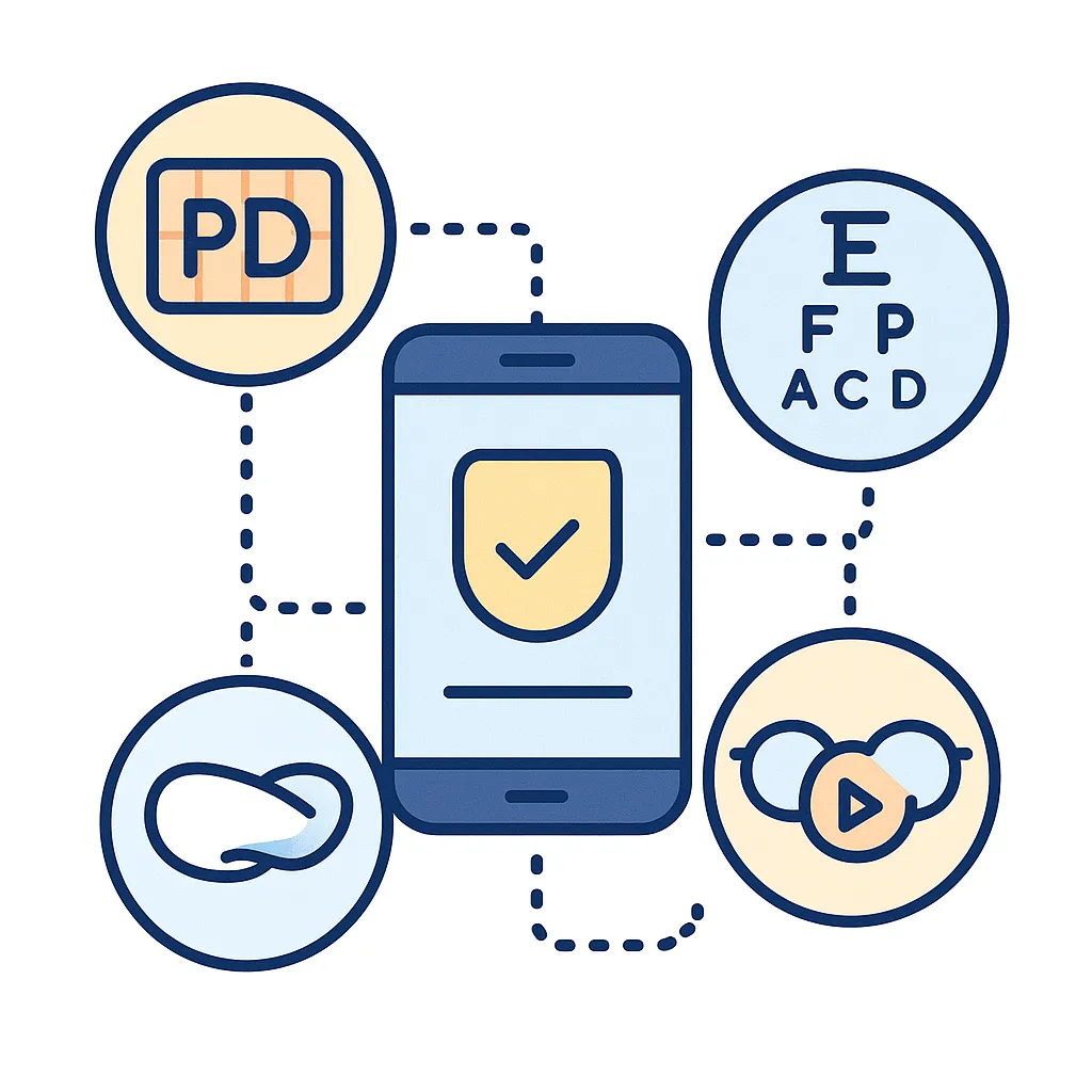 A smartphone features icons for pupillary distance measurement, an online vision test and virtual try-on, reflecting LensDirect’s digital tools.