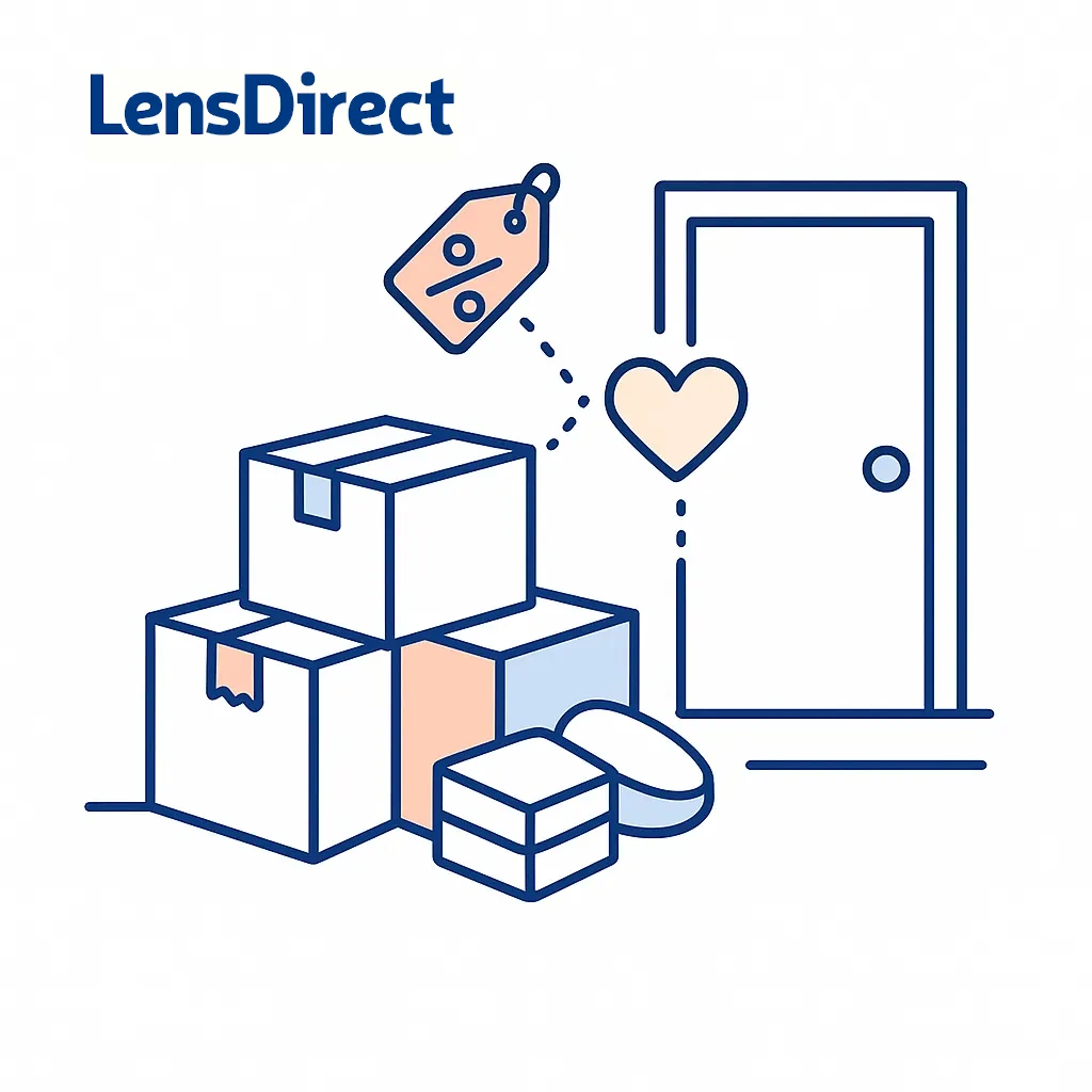 Boxes delivered to a doorstep with a discount tag and heart represent LensDirect’s subscription program offering regular deliveries and savings.