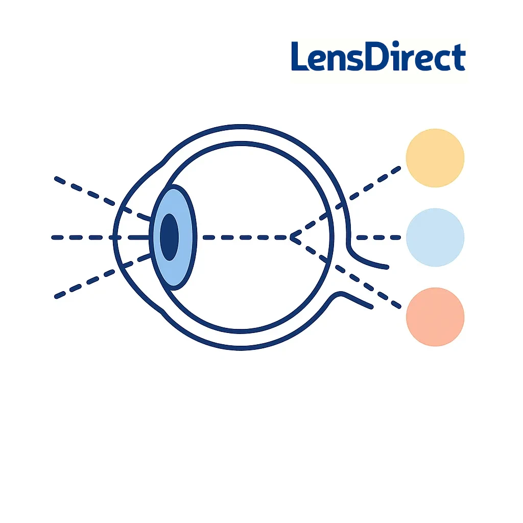 Diagram shows how an uneven football-shaped cornea scatters light to multiple points on the retina, explaining blurred vision in astigmatism.