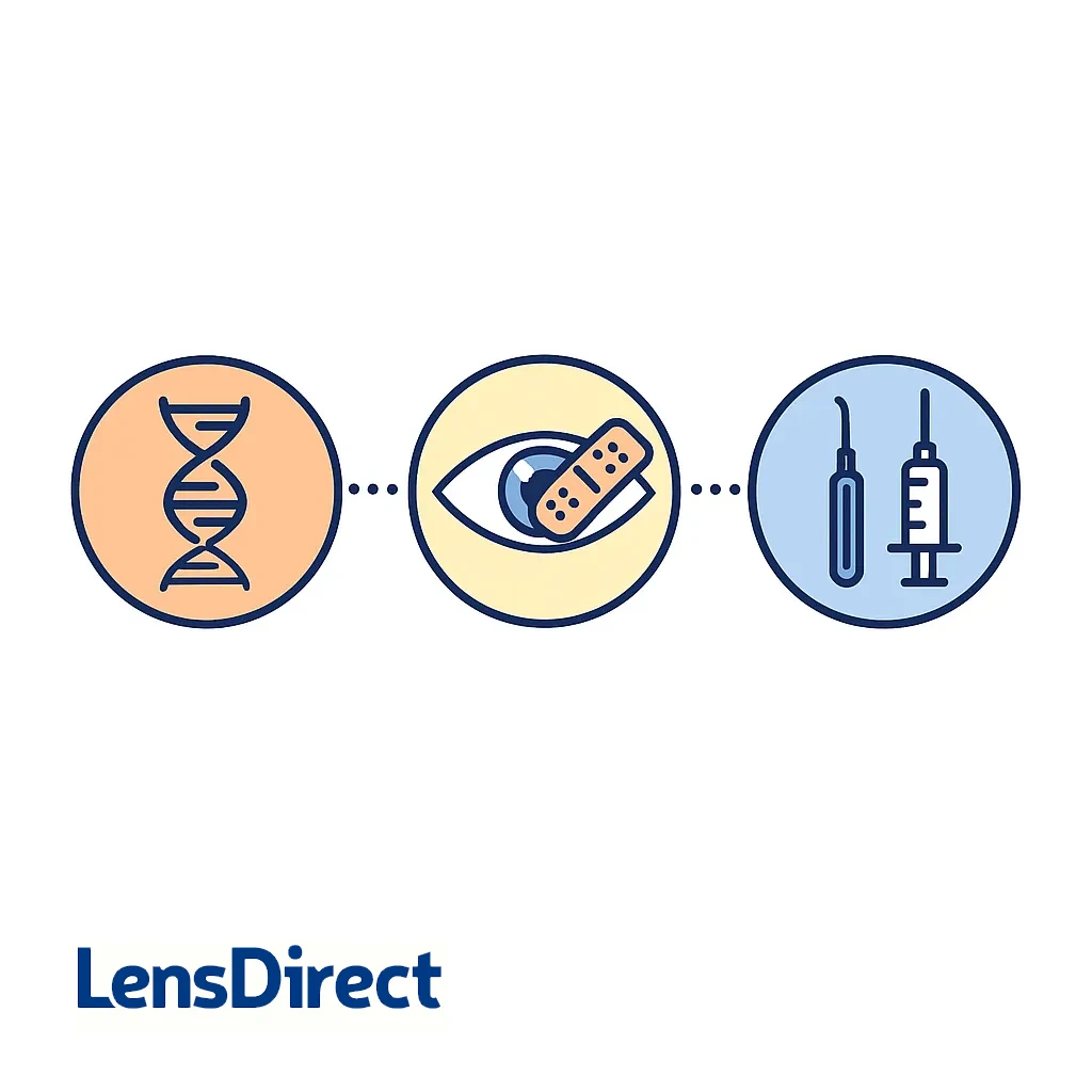 Icons depict genetic, injury or disease, and surgical causes of astigmatism which lead to irregular cornea or lens shape.
