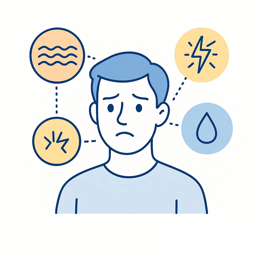 Infographic presents a person experiencing blurry vision, eye strain and headaches, the common symptoms of astigmatism.