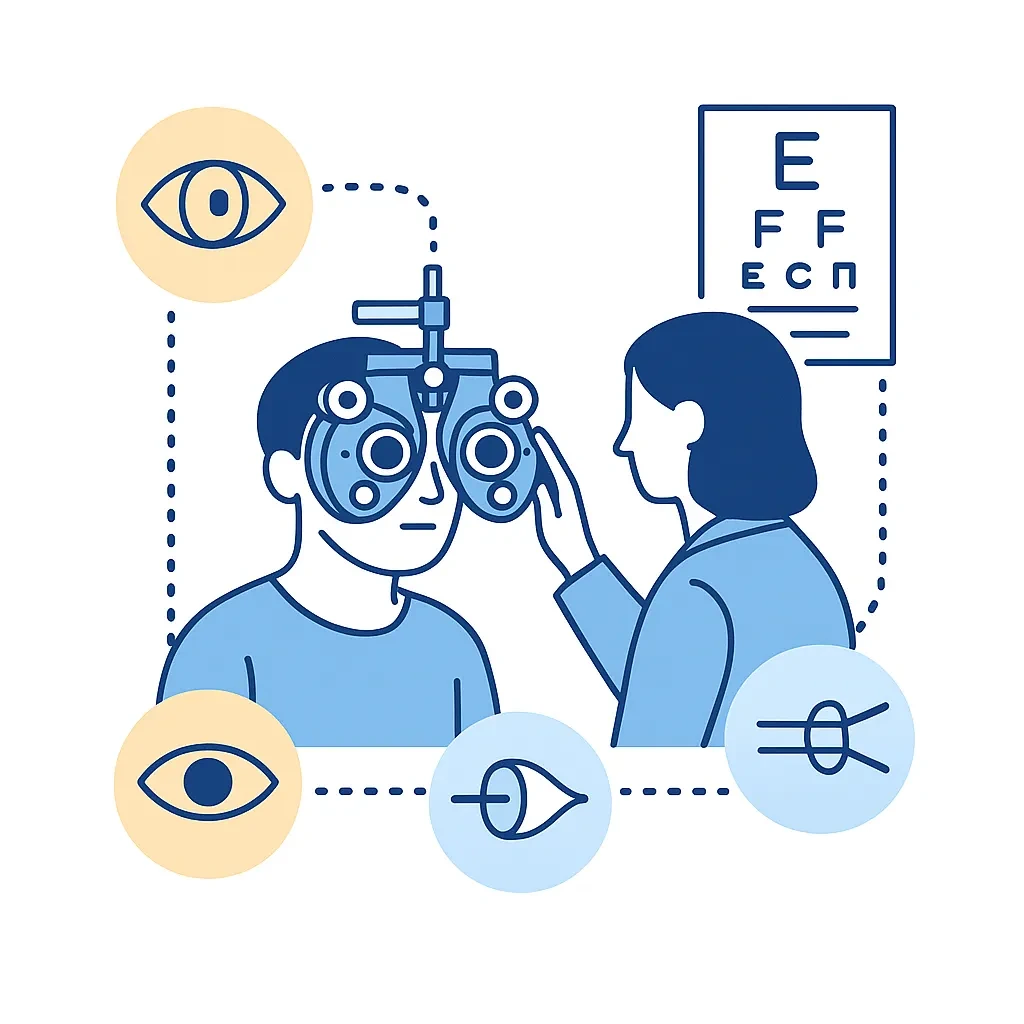 A patient undergoes visual acuity and refraction tests during an eye exam, which are used to diagnose astigmatism.