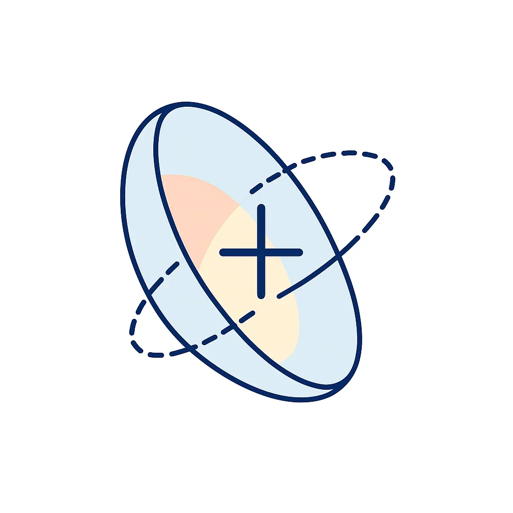 Diagram shows the torus shape of a toric lens with two perpendicular curves matching the irregular cornea to provide comprehensive vision correction.
