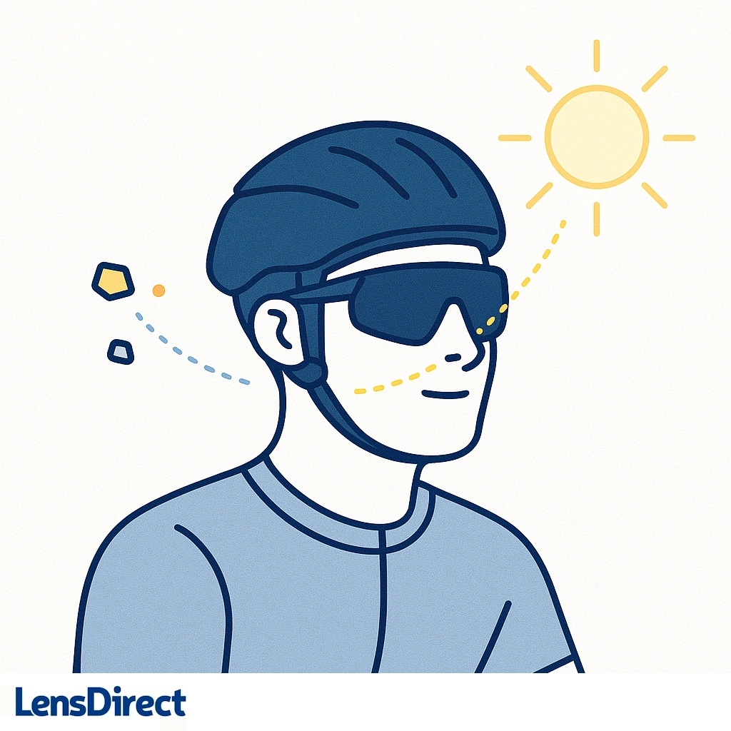 Illustration of a cyclist wearing sleek cycling sunglasses under bright sunshine, showing the benefits of eye protection during rides.