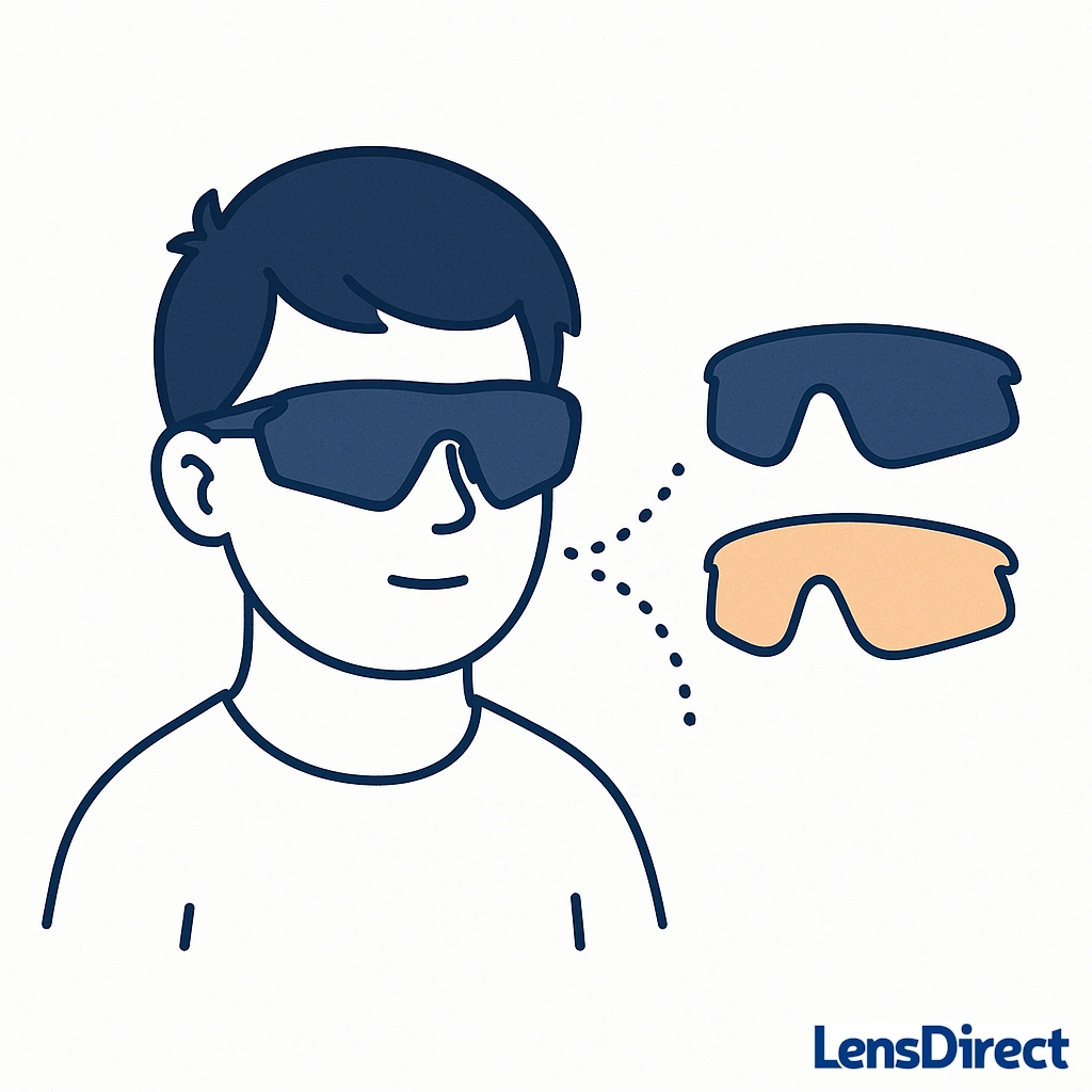 Illustration of different cycling glasses hovering over a feather and scale symbolizing ultra lightweight design.