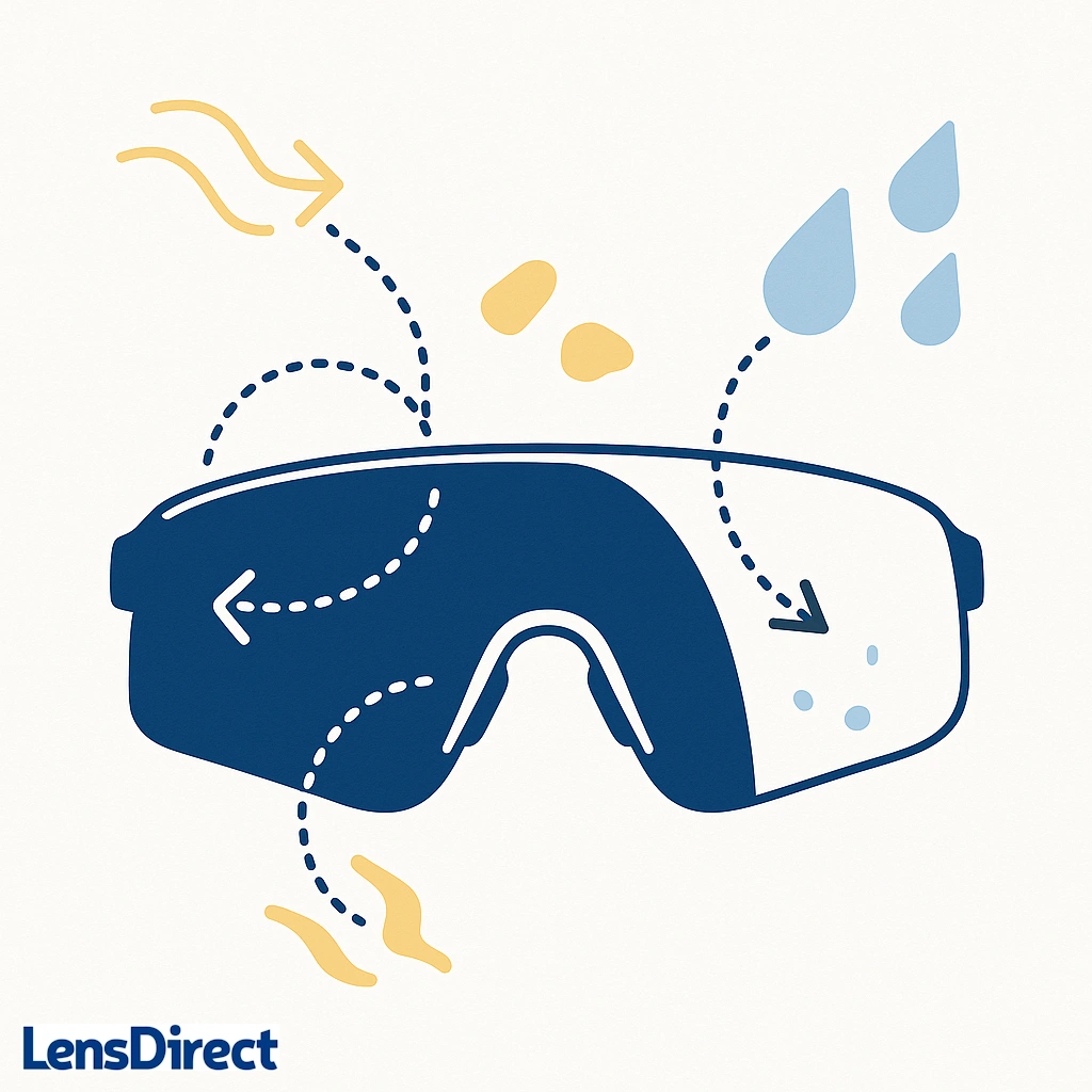 All weather performance illustrated with sunglasses deflecting wind, sweat droplets and dust particles.