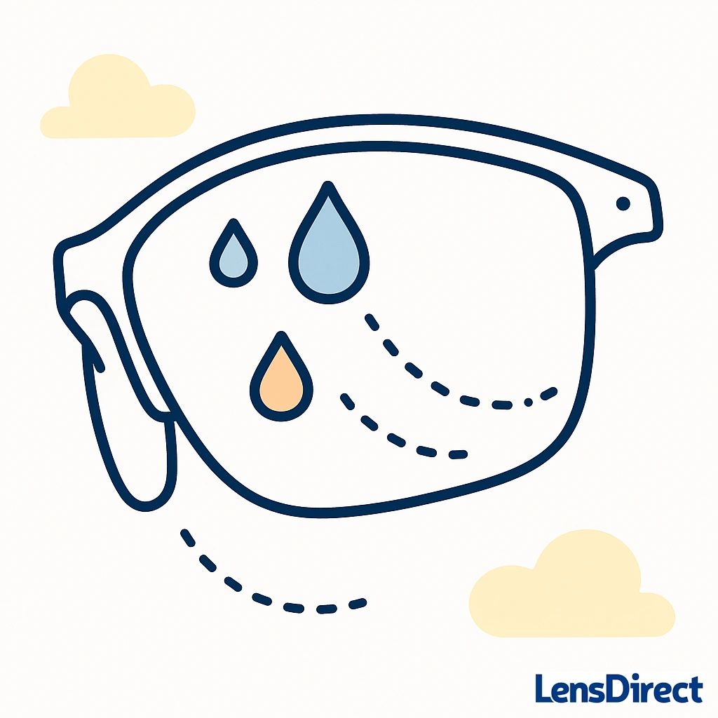 Close up of a sunglass lens shedding raindrops and moisture to showcase hydrophobic coating properties.