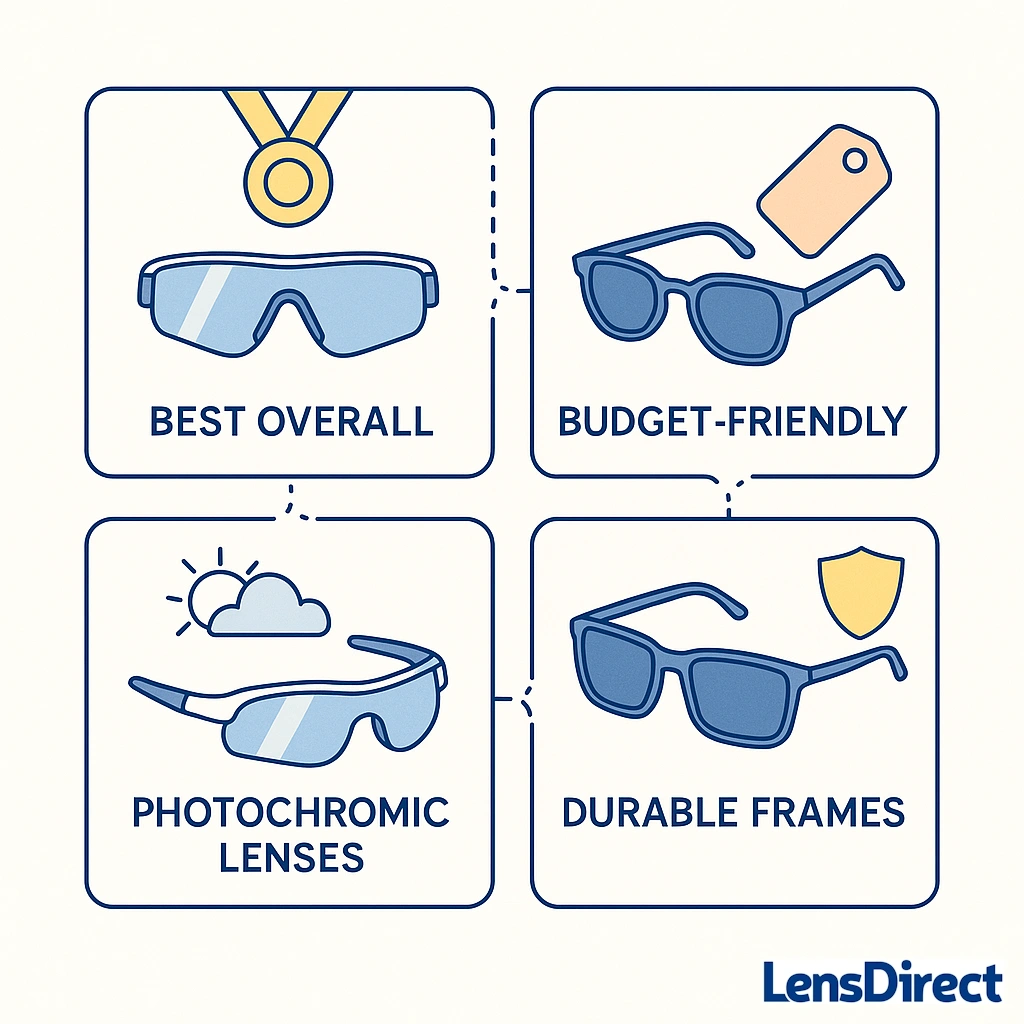 Grid graphic showing best overall, budget friendly, photochromic lenses, and durable frames categories of cycling sunglasses.