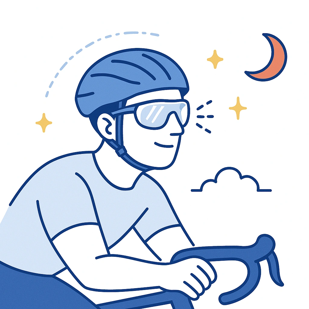Cyclist wearing clear sunglasses under moon and stars to promote clear lenses for night or low light riding.