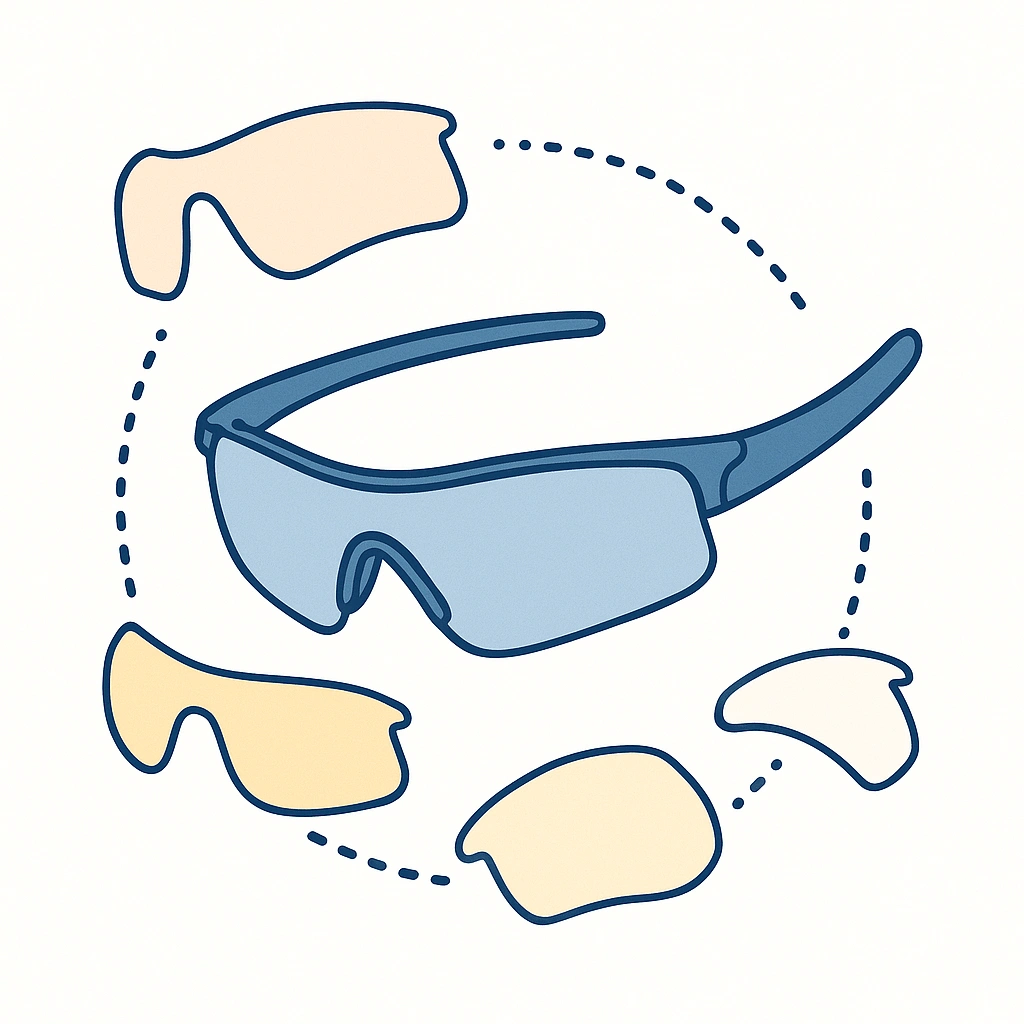 Central pair of cycling sunglasses surrounded by interchangeable lenses illustrating modular lens systems.
