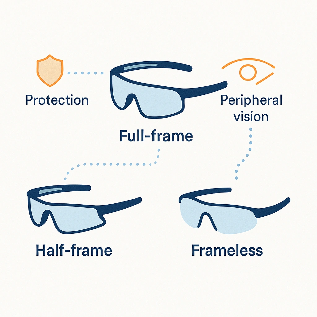 Infographic comparing full frame, half frame and frameless cycling sunglasses with protection and peripheral vision notes.