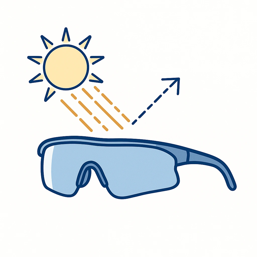 Cycling sunglasses deflecting sunlight rays to emphasize UV protection and blue light filtering capabilities.
