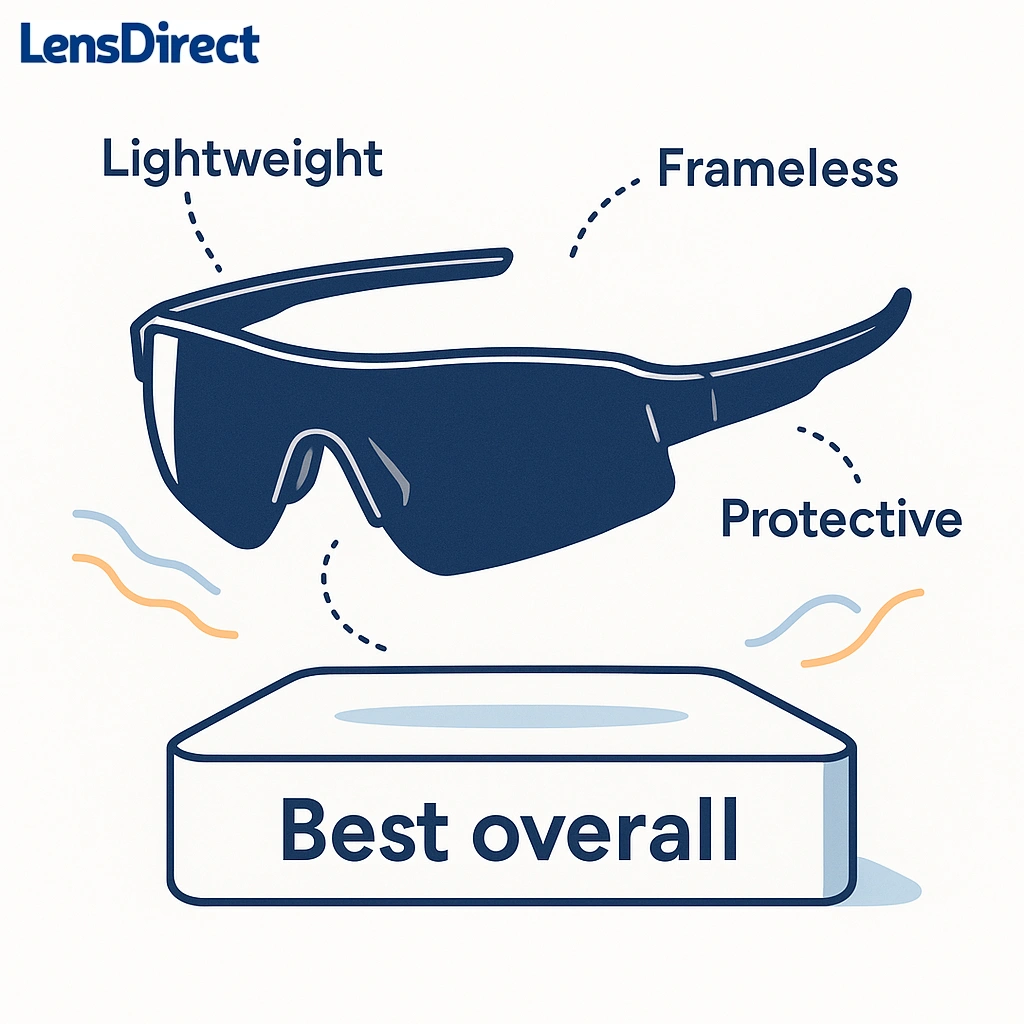 Stylish frameless cycling sunglasses labeled lightweight, frameless and protective to depict the best overall choice.