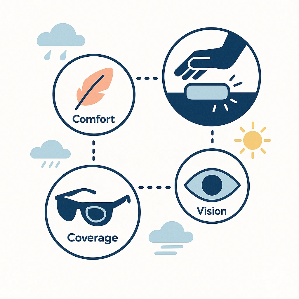 Infographic connecting comfort, coverage and vision icons to represent LensDirect’s comprehensive testing process.