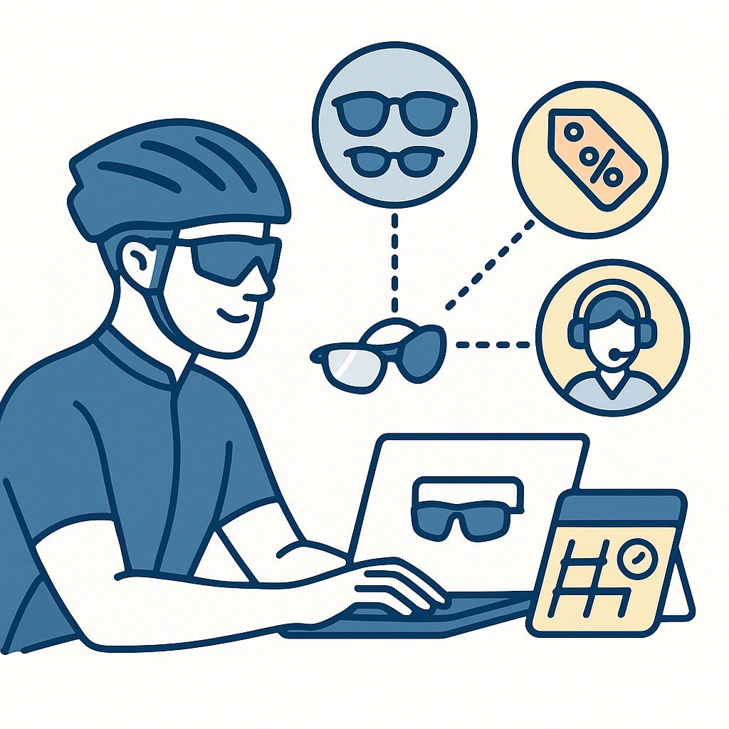 Cyclist shopping online with price tag, sunglasses selection and customer support icons illustrating benefits of buying from LensDirect.