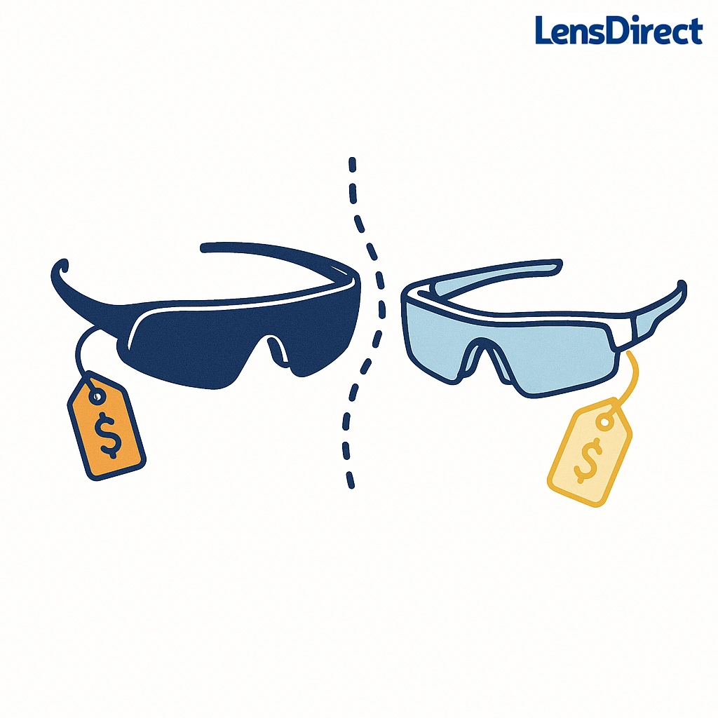 Two pairs of cycling sunglasses with price tags compare affordable and premium options for budget conscious riders.