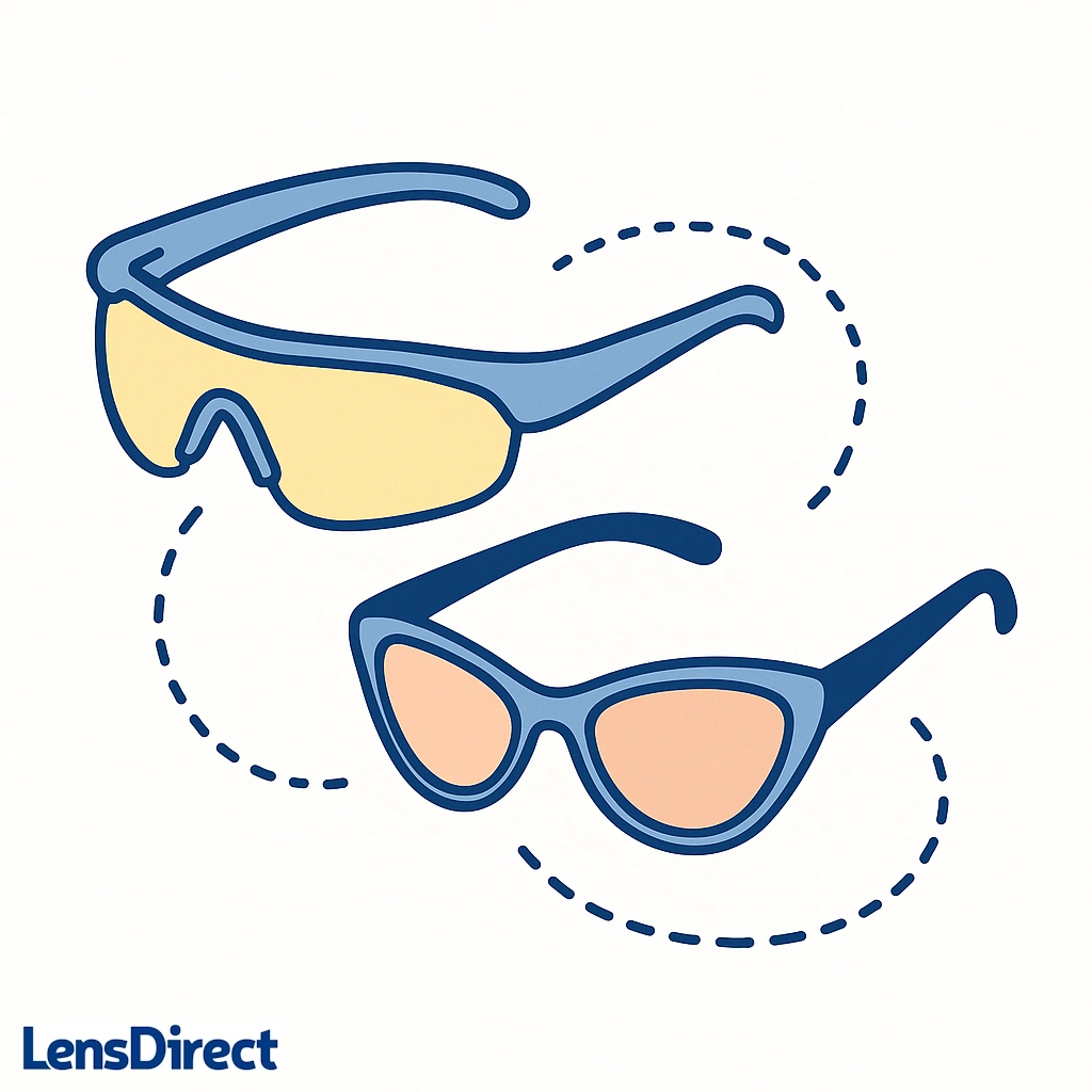 Cycling sunglasses with two tone lenses transition between dark and light to illustrate photochromic adaptation.