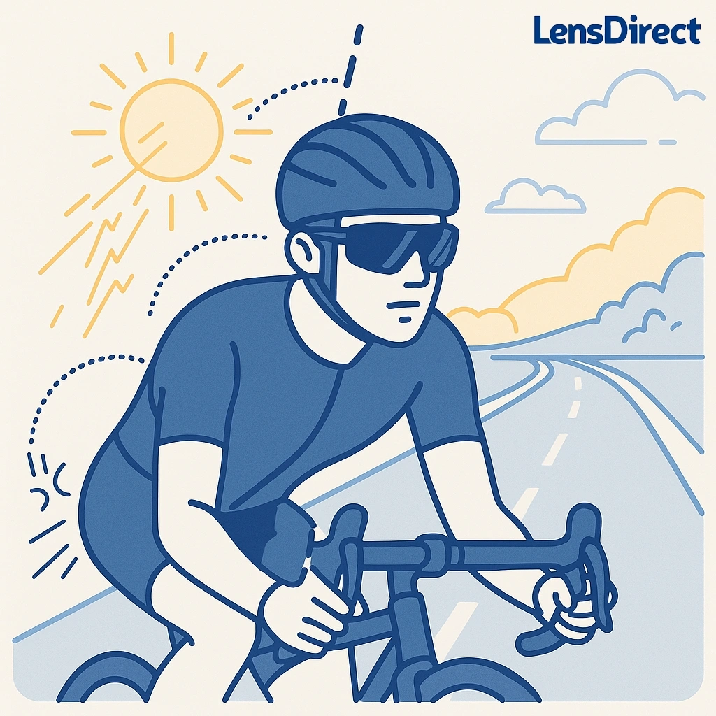 Cyclist on a sunny road wearing full coverage sunglasses to highlight wide lens protection against sun and wind.